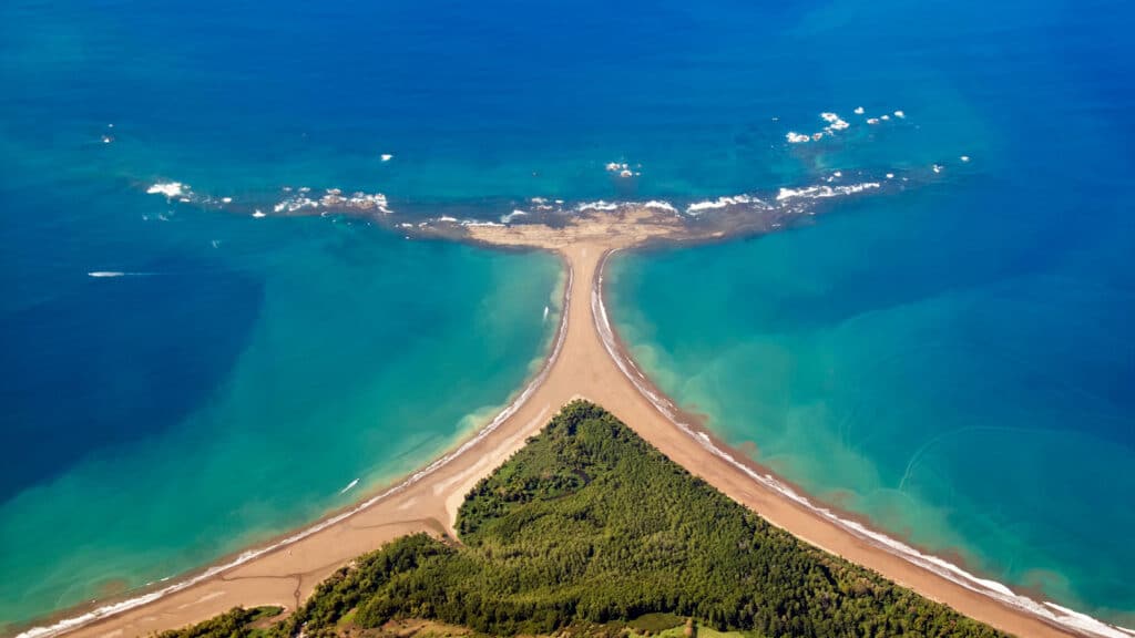 Aerial view of the Whale Tail sandbar at Marino Ballena National Park near Uvita, Costa Rica
